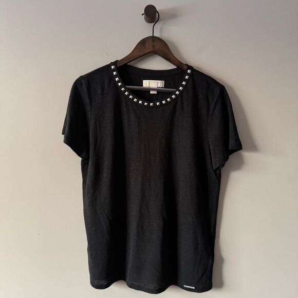 EUC MICHAEL KORS LINEN BURNOUT STYLE T-SHIRT WITH SILVER PYRAMID STUDS SIZE MED - Picture 1 of 6